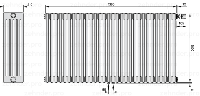Схема (чертеж) Радиатор Zehnder Charleston 6300/30 №V008 Белый глянцевый RAL 9016